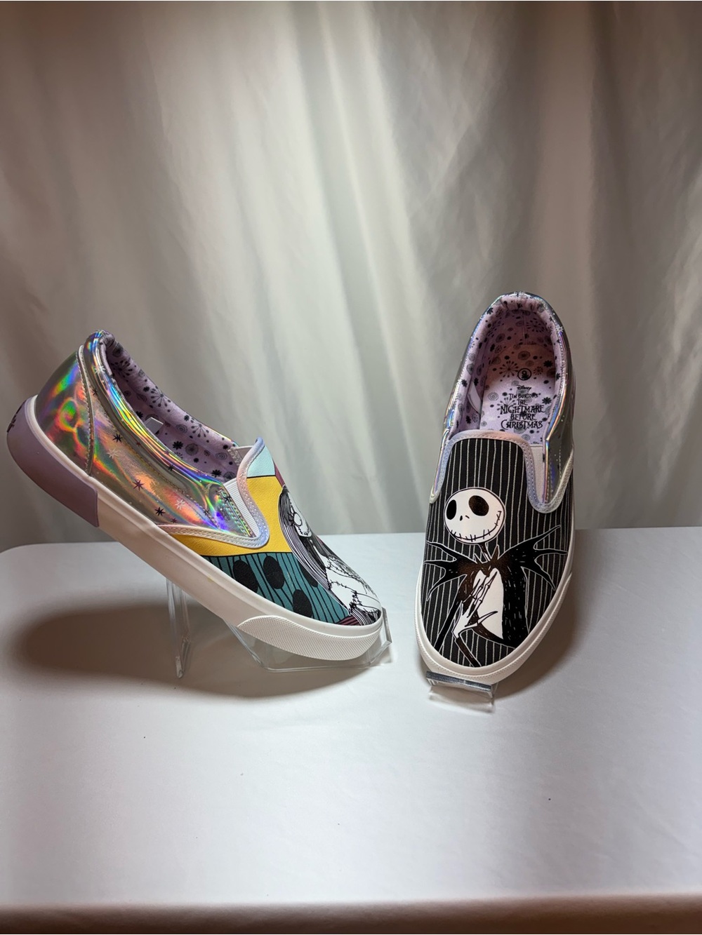 Women’s ' Slip-On Shoes with Iridescent and Black Jack Skellington Design